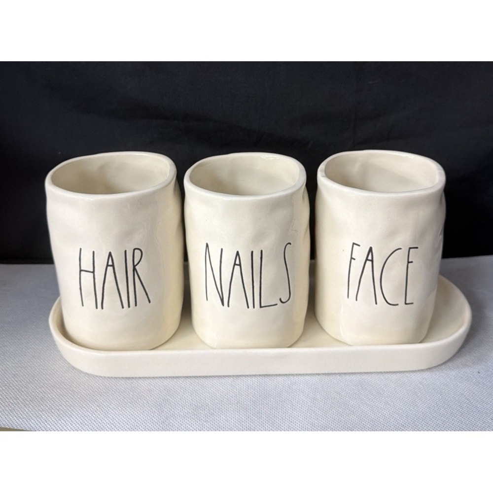 Rae Dunn FACE NAILS HAIR Cosmetic Holders Cup + Tray Long Skinny Letter Font
